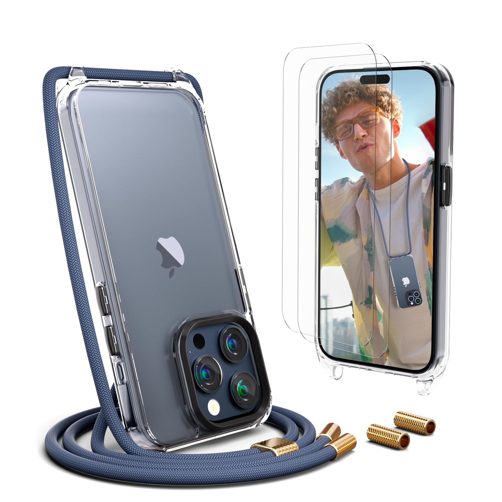 UYMO Handykette Hülle mit Band Für iPhone 15 Pro max 6.7"-| mit 2 Stück Schutzfolie |, Necklace Transparent Handyhülle Case mit Strap Schnur Abnehmbar, Schutzhülle zum Umhängen Kordel, Blau