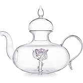 Teabloom Earthly Rose Hand-Blown Glass Teapot with Three-Dimensional Pink Rosebud (40oz) – Presented in a Luxurious Magnetic Gift Box