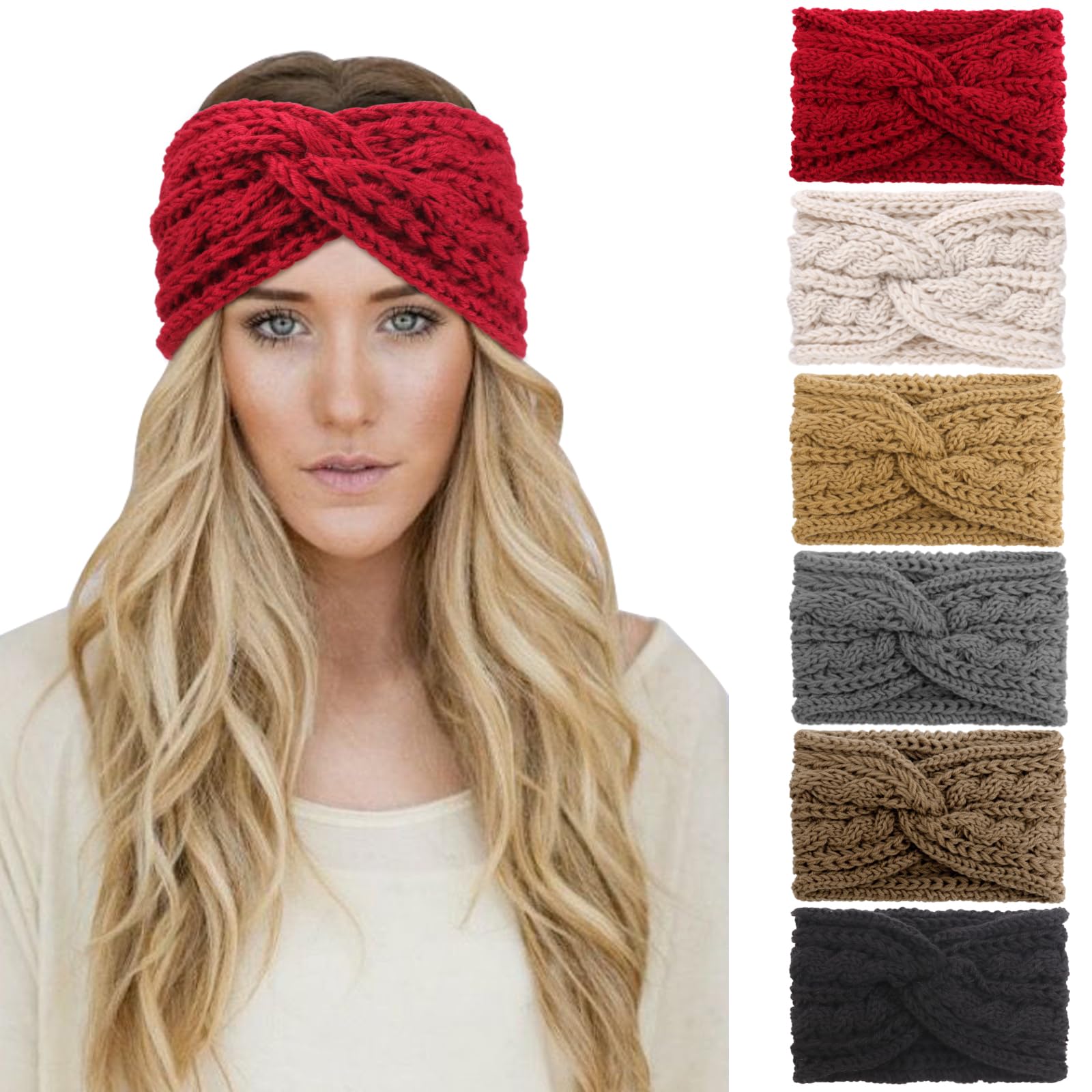 DRESHOW 6 Pack Crochet Ear Warmer Wide Headband Soft Knit Turban Stretch Headbands Warmer for Women Winter