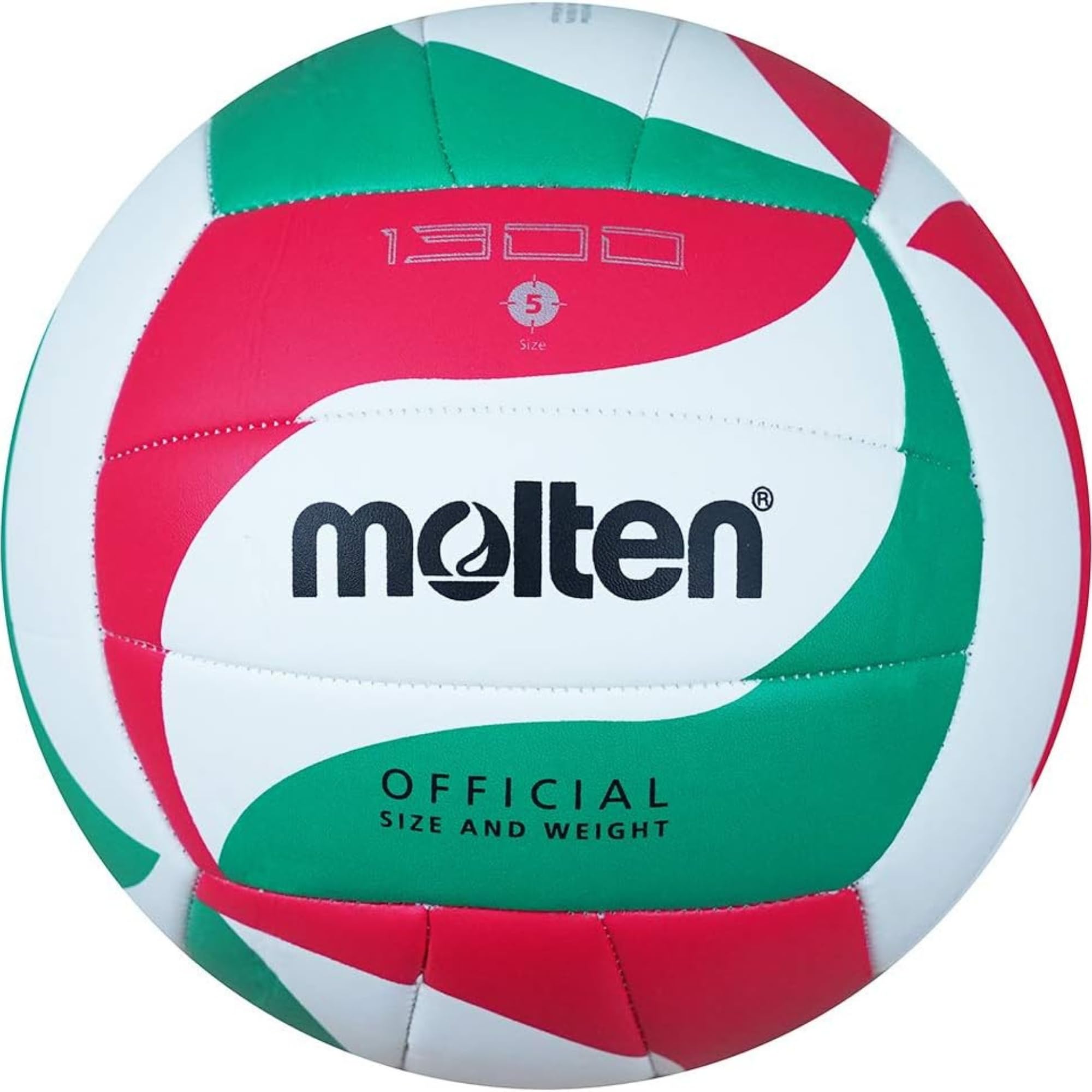 Molten 1300 Volleyball | Soft TPU Training Ball | Durable Thermoplastic Polyurethane with PVC Coating with Butyl Bladder | Official Size & Weight | Multicolour Green White Red