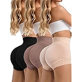 LEZSHOOU 3 Pack Butt Lifting Shapewear Shorts Set for Women with Hip Pads, High Waisted Body Shaper Panties Black,Brown, Tan