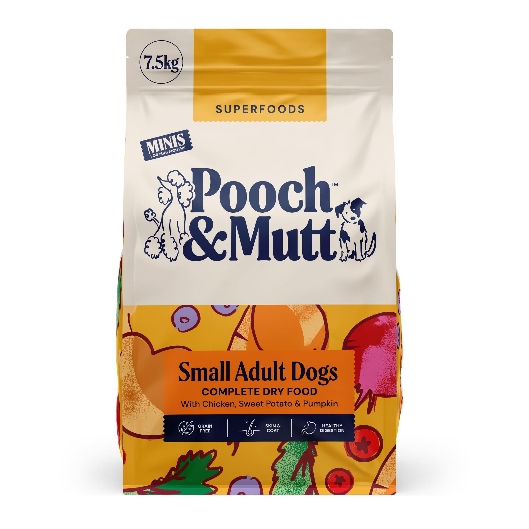 Pooch & Mutt - Adult Minis Superfood Complete Dry Dog Food Grain Free (Small Sized Kibble), for Small Dogs, Chicken, 7.5kg (packaging may vary)