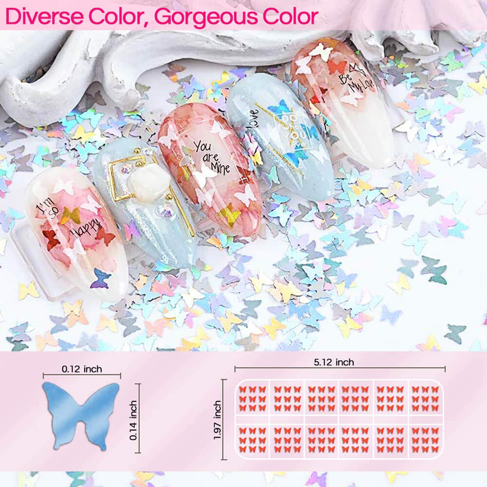 Butterfly Nail Art Glitter Sequins - 3D Laser Holographic Acrylic Nail Design Accessories Iridescent Nail Glitter Flakes Decorations for Make Up Body Face Hair Eye Decor Butterflies Shaped - 12 Color: Beauty