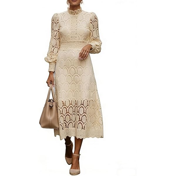 Women's Hollow Floral Embroidered Lace Dress Short Sleeve V Neck Retro Midi  Dresses Beige S at Amazon Women's Clothing store