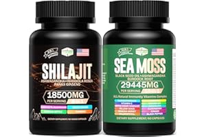 HORJOY Sea Moss & Shilajit Multivitamin Bundle - Sea Moss 12000mg, Shilajit 9000mg, Black Seed Oil 6000mg, Ashwagandha 3000mg, Ginger,Rhodiola Rosea 2000mg, All in 1 Supplements (2 Pack)