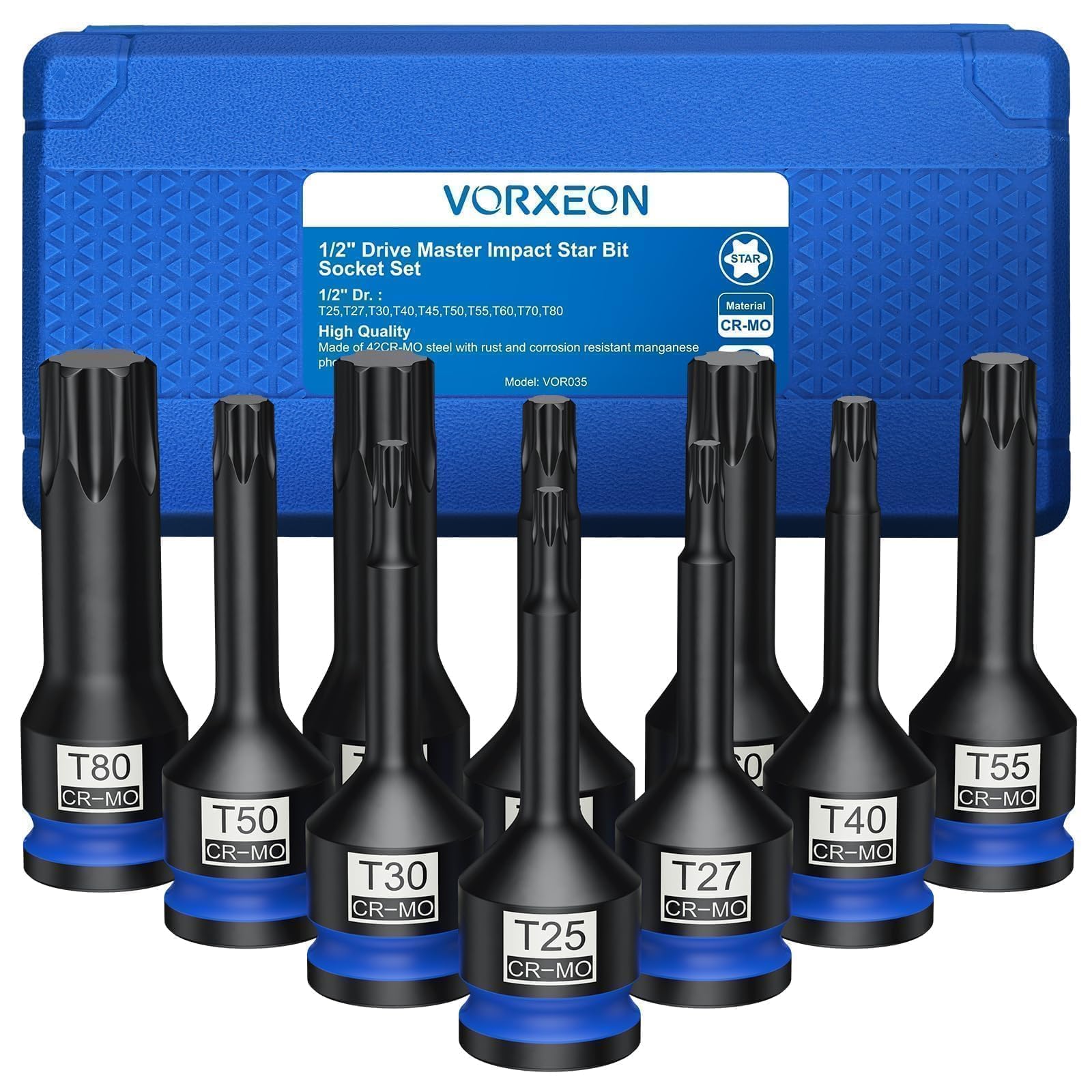 VORXEON 10pcs 1/2 TORX Socket Set en 42CRMO T25 T27 T30 T40 T45 T50 T55 T60 T70 T80 1/2 Drive Impact Star Bit Socket Set with Storage Case for Electric Pneumatic Wrenches