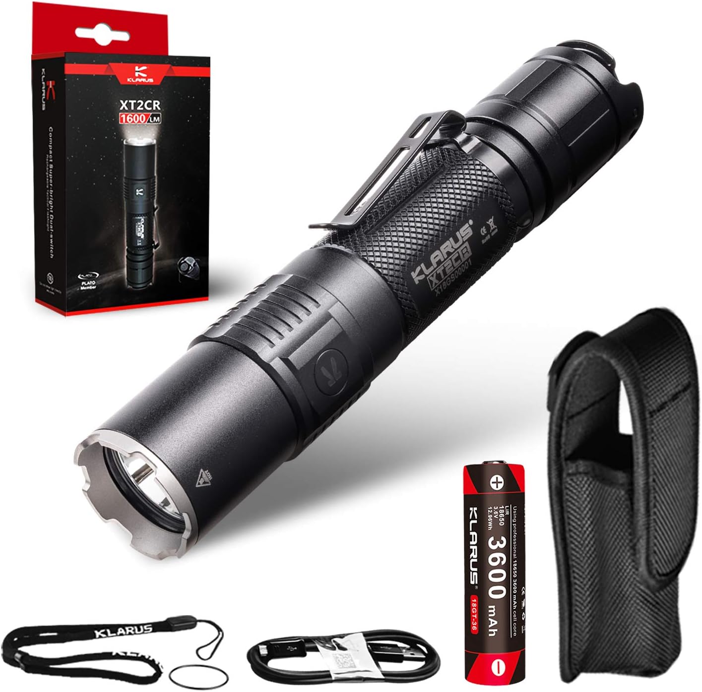 klarus XT2CR 1600 Lumens USB Rechargeable Tactical Flashlight, Dual Tail Switches, IPX8 Waterproof, with 3600mAh Battery and Holster for Military , Outdoor, Camping and Emergency Use