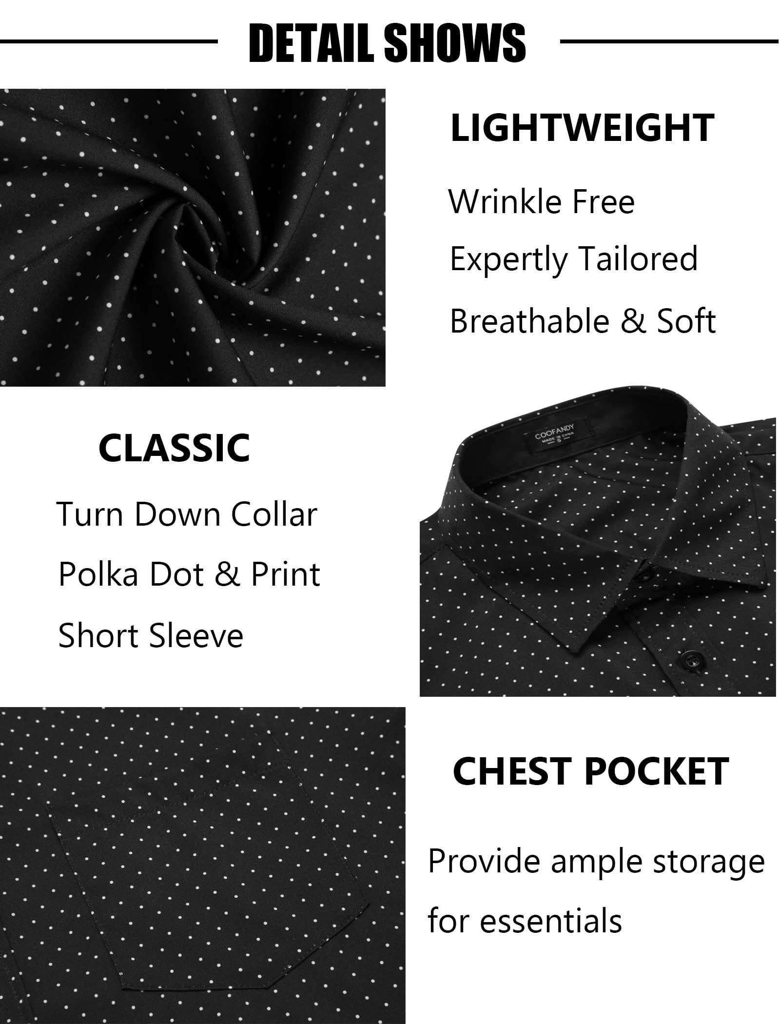 COOFANDY Mens Short Sleeve Button Down Shirts Wrinkle Free Dress Shirts Casual Polka Dot Print Shirt with Pocket