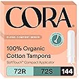 Cora Organic Applicator Tampon Multipack | 72 Regular & 72 Super Absorbency | 100% Organic Cotton, Unscented, BPA-Free Compact Applicator | Leak Protection | Packaging May Vary | 144 Total