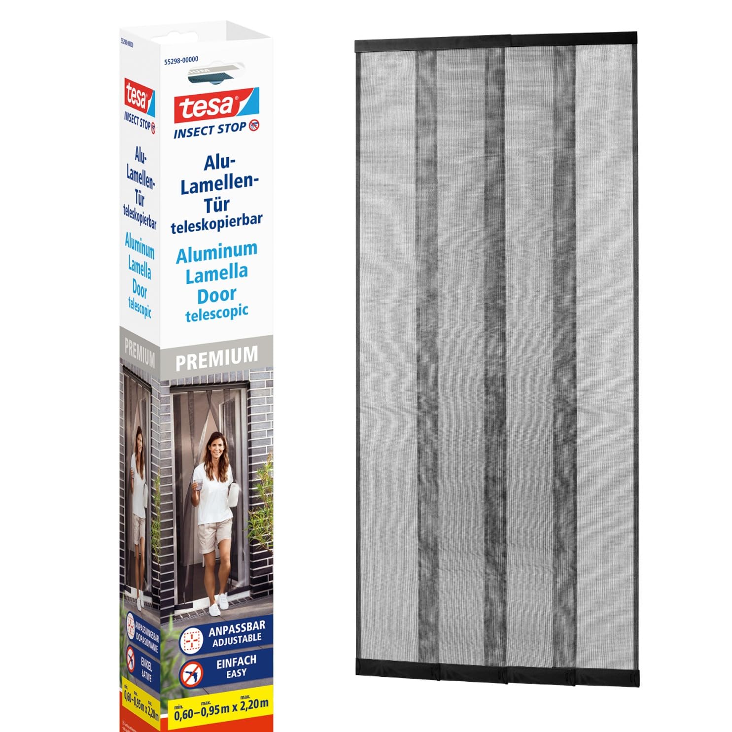 tesa Insect Stop Aluminum Lamella Curtain Premium - Telescopic Insect Screen - for Balcony and Patio Doors - Easy Installation Without Drilling - 95 x 220 cm - Anthracite (Transparent)