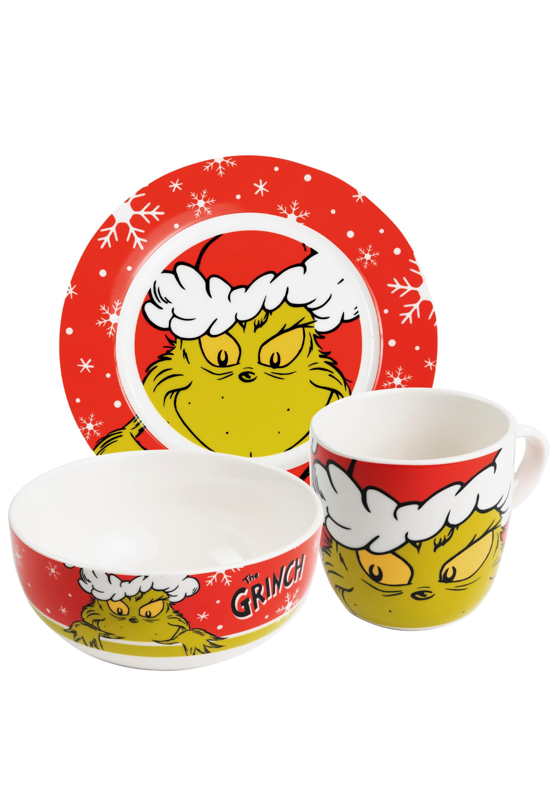 United Labels Grinch Merry Grinchmas 3-Piece Breakfast Set, Red, Porcelain Crockery Set with Plate Diameter 19 cm, Cup 220 ml and Bowl 330 ml