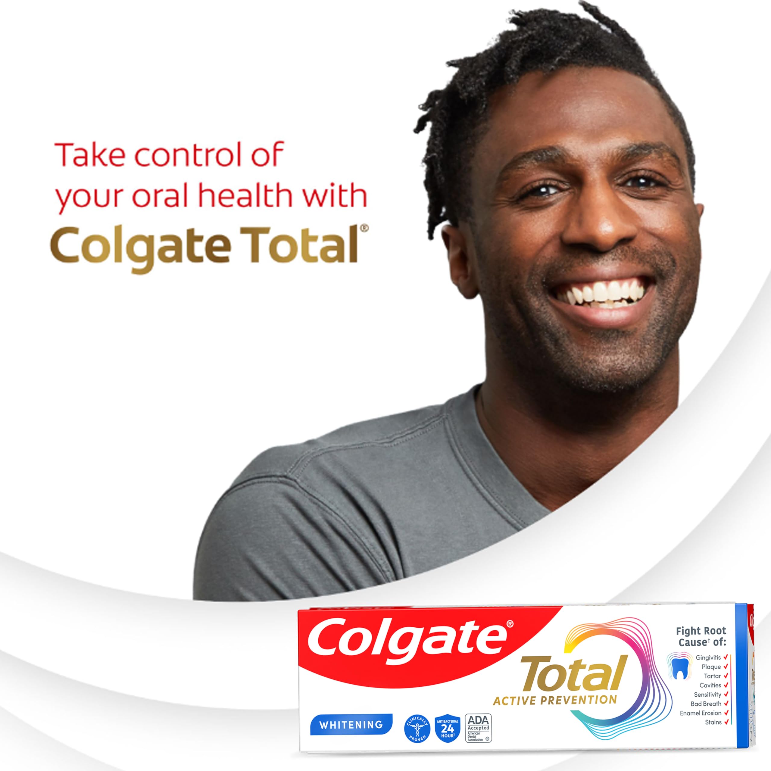 Colgate Total Whitening Toothpaste, 5.1 oz, 2 Pack, Fluoride Antibacterial Paste for Plaque, Gingivitis, Sensitivity, Stain Removal, Clinically Proven, Mint, Stannous Fluoride