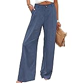 Hooever Womens Cotton Linen Pants Casual Button Up High Waisted Wide Leg Trousers