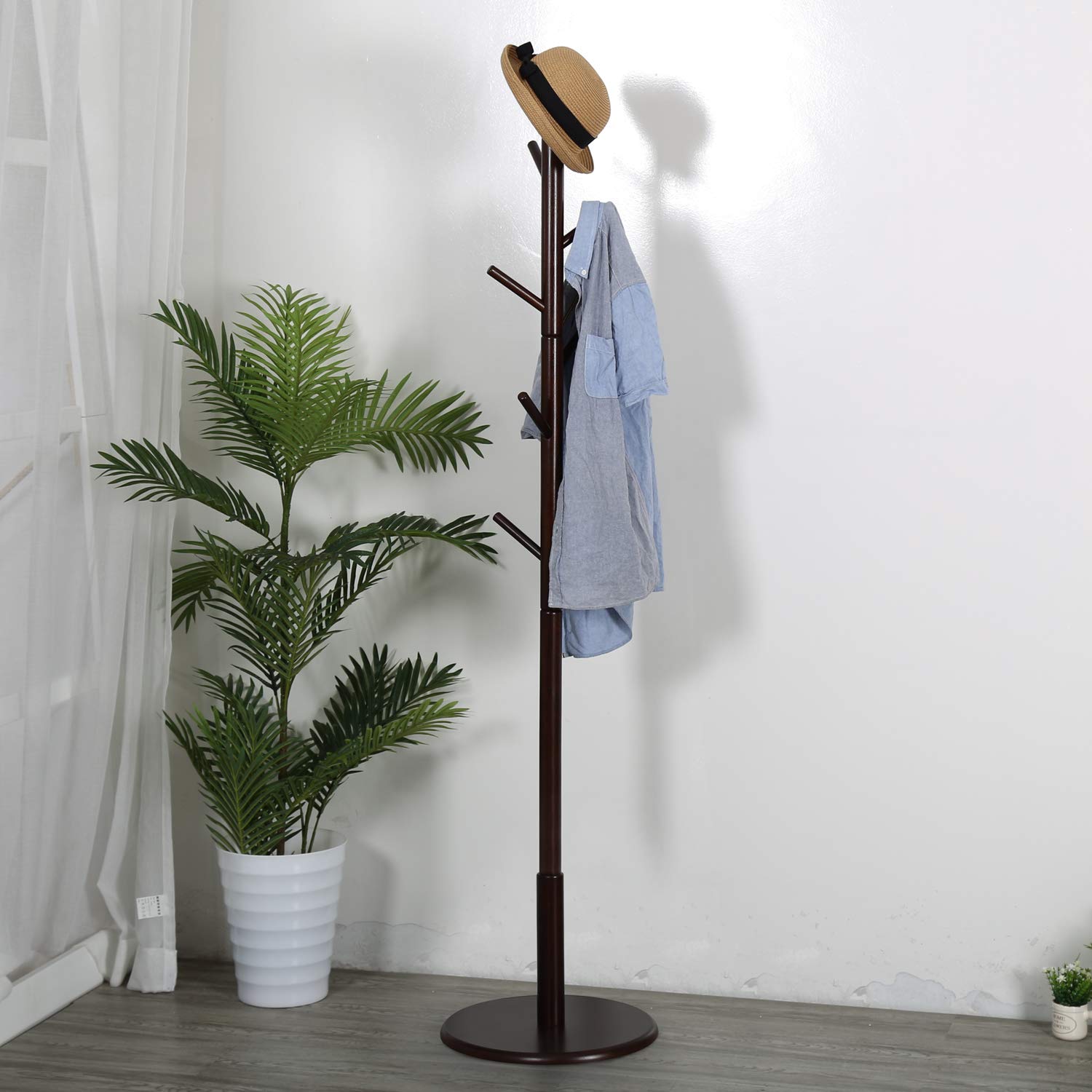 Vlush Wooden Coat Rack,Free Standing Hat Tree with Round Base,8 Hooks