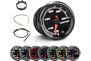 7 Color Transmission Temperature Gauge, 300 F Trans Temp Gauge Kit 2-1/16" 52mm LED Backlight - Black Dial - Clear Lens - Mon
