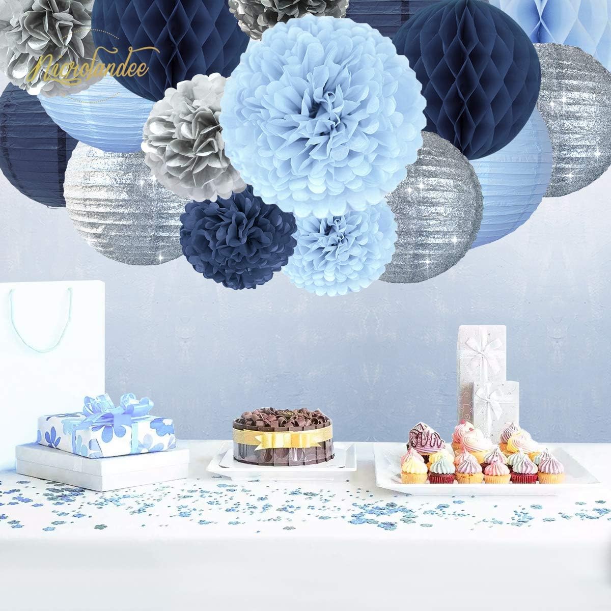 NICROLANDEE Frozen Theme Winter Wonderland Party Decoration - 16Pcs Silver Glitter Paper Lanterns Honeycomb Balls Tissue Pom Poms for Birthday Party Supplies Bridal Shower Wedding Decor: Health & Personal Care