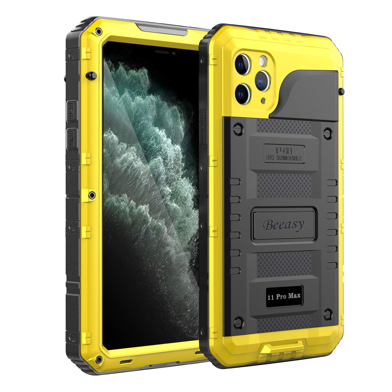Beeasy iPhone 11 Pro Max Case Yellow, Waterproof Shockproof Tough Heavy Duty, with Built-in Screen Protector 360 Degree Full Body Military Protective, Drop Proof Metal Cover for Outdoor Sport