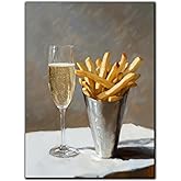 Vintage Bar Cart Canvas Printing Painting Poster French Fries and Champagne Kitchen Wall Art Cocktail Art Bar Cart Decor Retro Kitchen Dining Room Apartment Decoration Pictures 16 X 24 Inch UNFRAMED