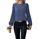 Samefar Womens Pleated Lantern Sleeve Lace Tops Dressy Casual Crewneck Fall Loose Fit Business Work Chiffon Blouses