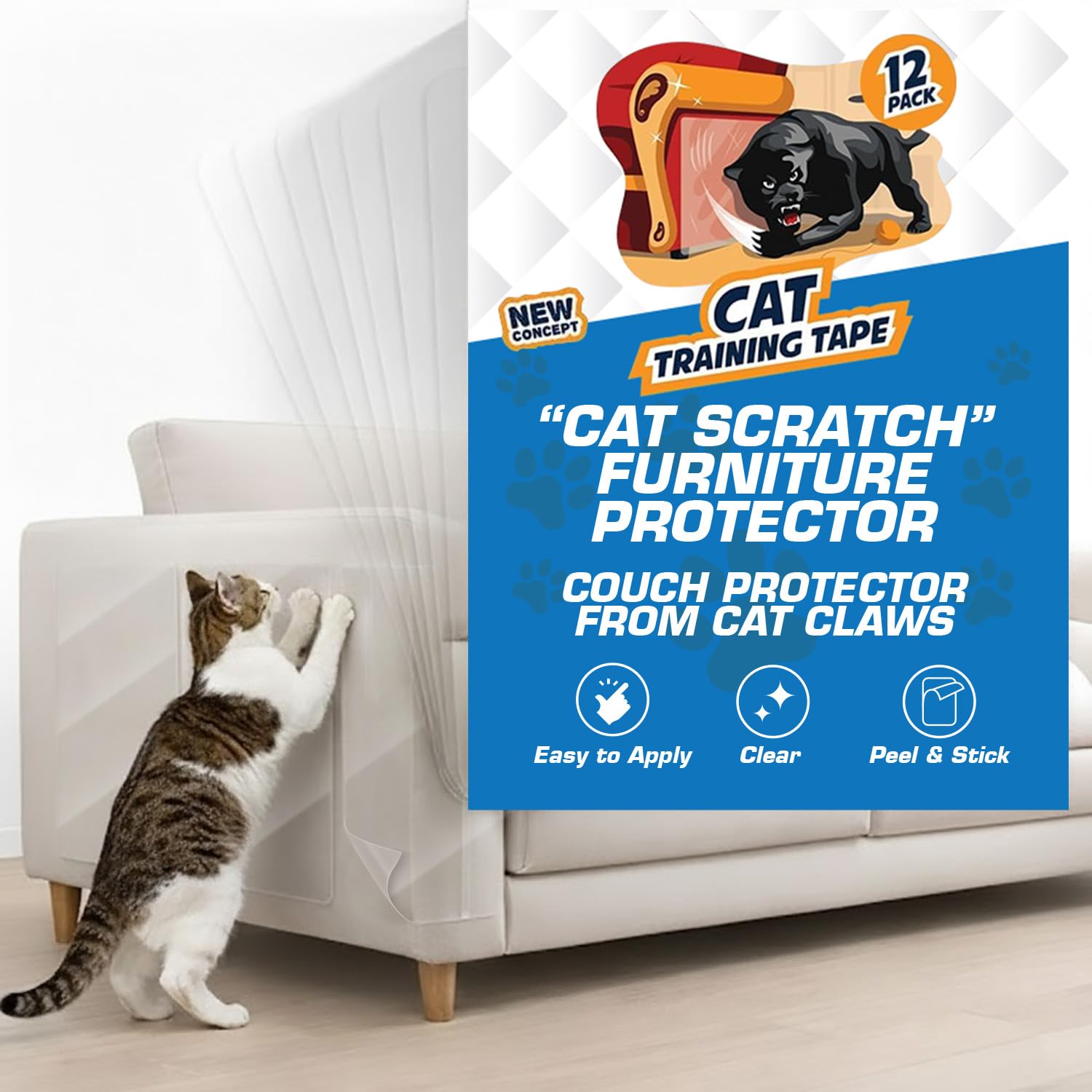 Photo 1 of 12 Pack Cat Scratch Furniture Protector Tape Sheets – Double-Sided Sticky Training (5 XL, 5 Large, 2 Medium) – Anti-Scratch Couch & Sofa Guard – Clear – Not for Leather, Velvet, Microfiber