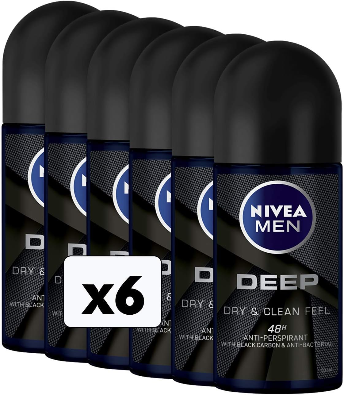 NIVEA MEN DEEP Roll-on deodorant 6 x 50 ml, Men's deodorant with anti-bacterial formula with activated carbon