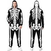 Skeleton Halloween Costume for Men & Women, Double-Sided Zip Hood Jumpsuit | Double-Sided Skeleton Print: Bone graphics cover the front and back, with a zip-up hood for a complete Halloween look.