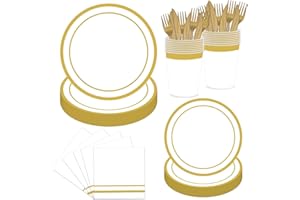 144PCS White and Gold Plates and Napkins Party Supplies Gold Disposable Dinnerware Set Include Golden Paper Dinner Dessert Pl