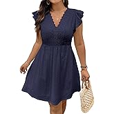 Eytino Plus Size Dresses for Women Summer Ruffle Cap Sleeve Lace V Neck Embroidery Eyelet A Line Dress(1X-5X)