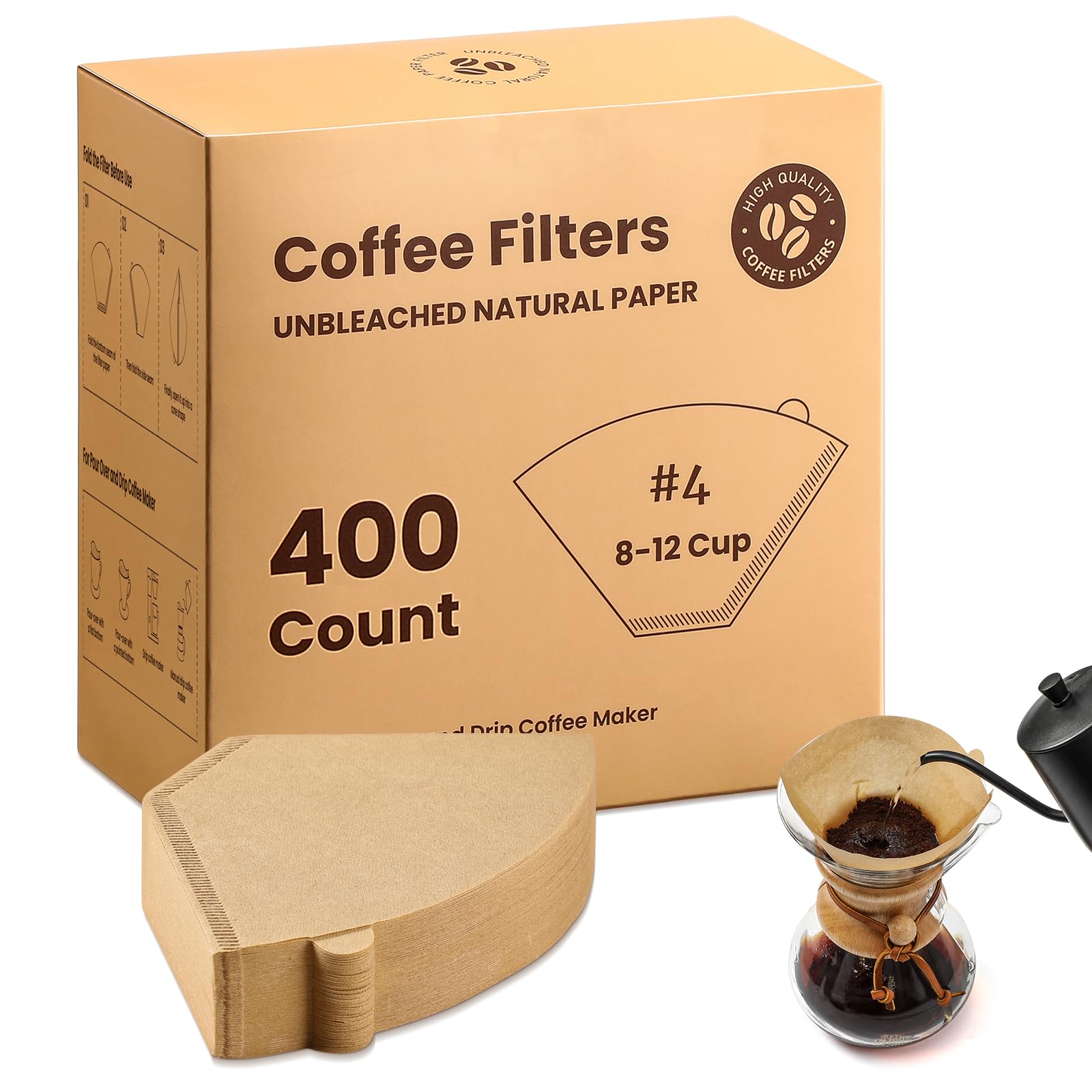 Photo 1 of #4 Cone Coffee Filters 8-12 Cup, 400 Count Unbleached Natural Coffee Paper Filters, No Blowout, Disposable Coffee Filter for Pour Over and Drip Coffee Maker