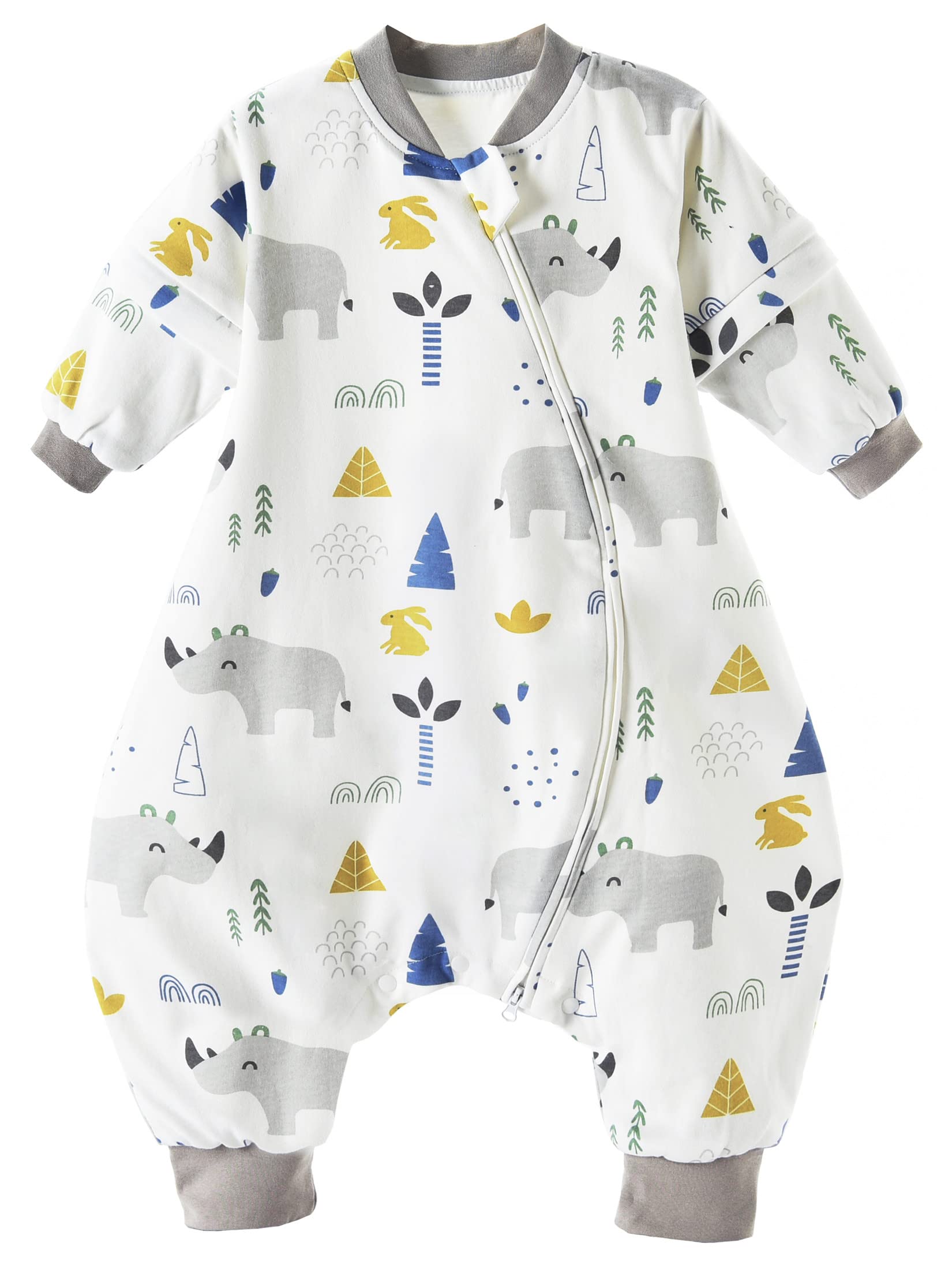 Chilsuessy Baby Sleeping Bag with Feet 1.5 Tog 100% Cotton Sleeping Sack with Removable Sleeves Anti Kick Infant Toddler Wearable Blanket for Boys and Girls, Cute rhino, 100/4-5 years