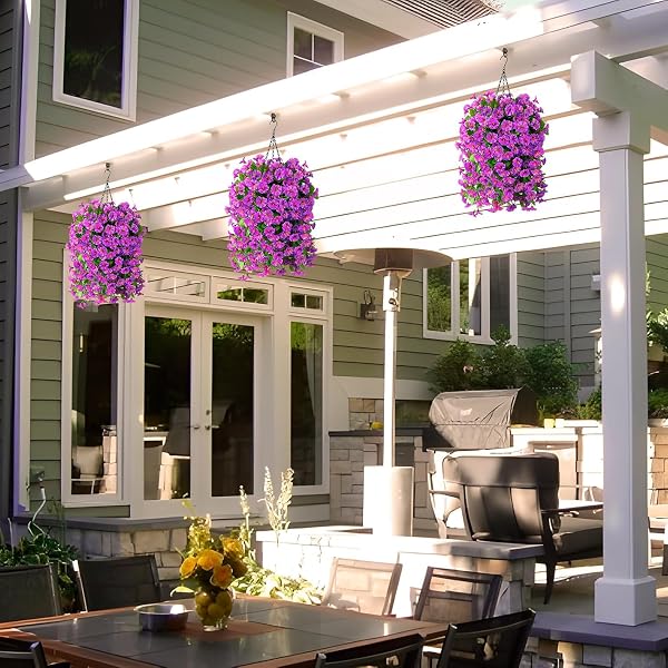 INQCMY ARTIFICIAL FLOWERS FOR OUTDOOR SPRING SUMMER DECORATION FAUX SILK MORNING GLORY FAKE HANGING FLOWERS UV RESISTANT LOOK REAL FOR HOME PORCH (3PCS PURPLE OMBRE+1 BASKE)