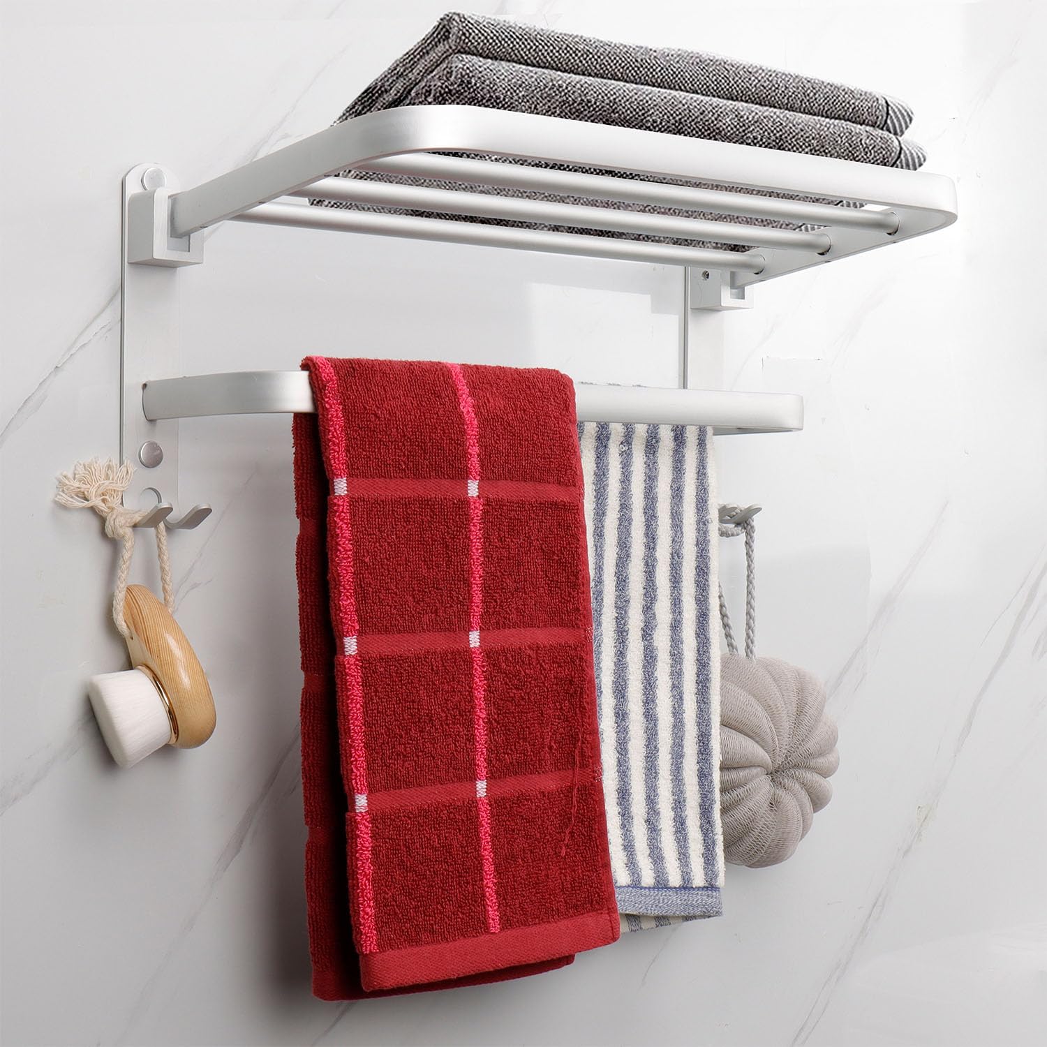 Photo 1 of TocTen Towel Rack for Bathroom, Foldable Towel Holder with Double Towel Bars, Wall Mounted SUS304 Stainless Steel Bathroom Tower Shelf, Space-Saving Towel Hanger for Bathroom, Lavatory (Silver,16 in)