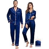 YOPUGEE Mens Pajama Set Long Sleeve Satin Silky Sleepwear Classic Button Down Loungewear Pjs Set for Men, Navy Blue-XXL