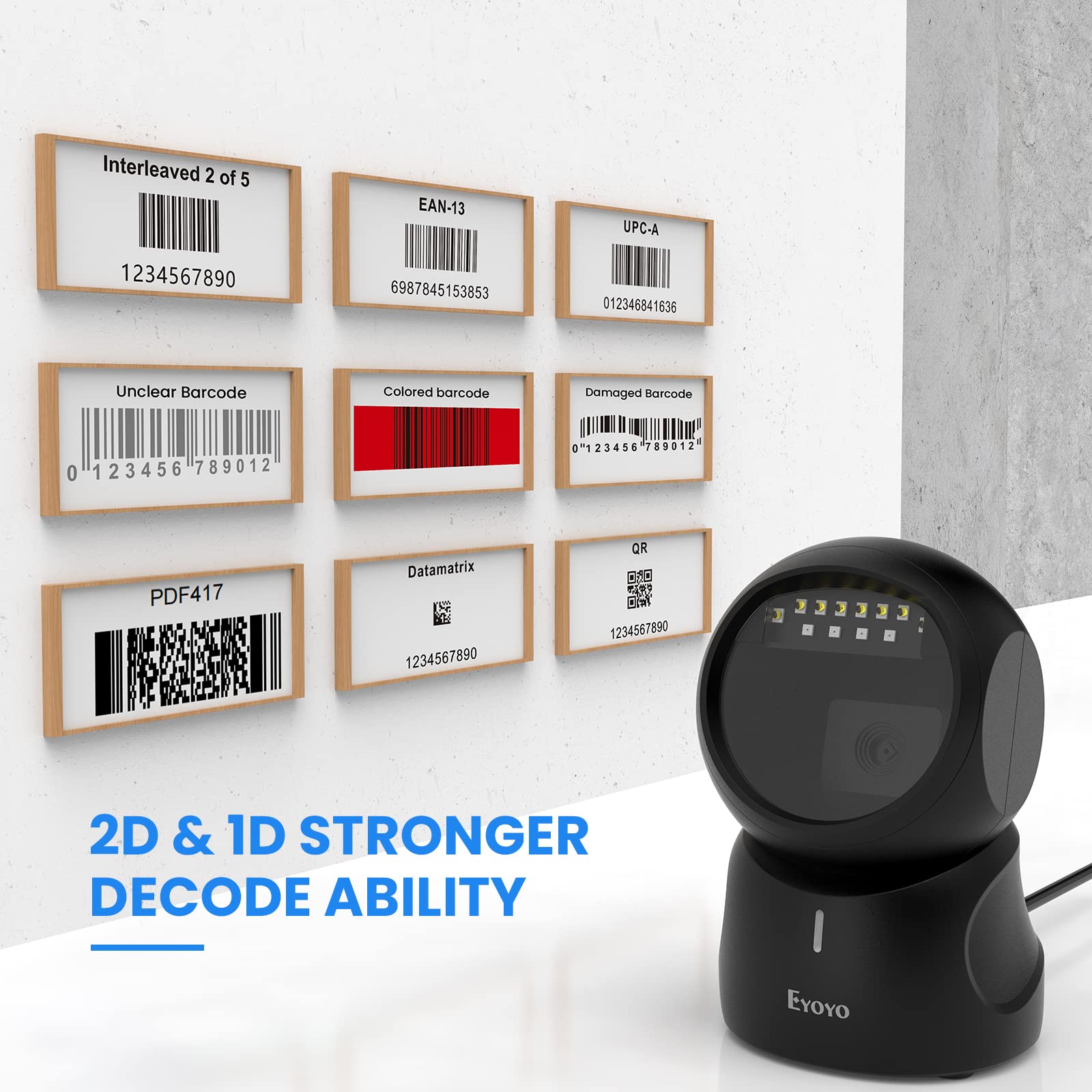Eyoyo Barcode Scanner, QR 2D Hands-Free Omnidirectional Automatic Sensing Scanning USB Desktop Barcode Scanner, Wired Bar Code Reader Screen Scanning for POS PC Supermarket Library Retail Bookstore