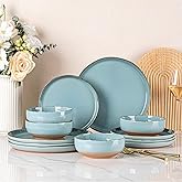 AmorArc Ceramic Dinnerware Sets for 4, 12 Pieces Handpainted Plates and Bowls Set with Rustic Terracotta Underside, Scratch Resistant Stoneware Dishes Set, Dishwasher & Microwave Safe