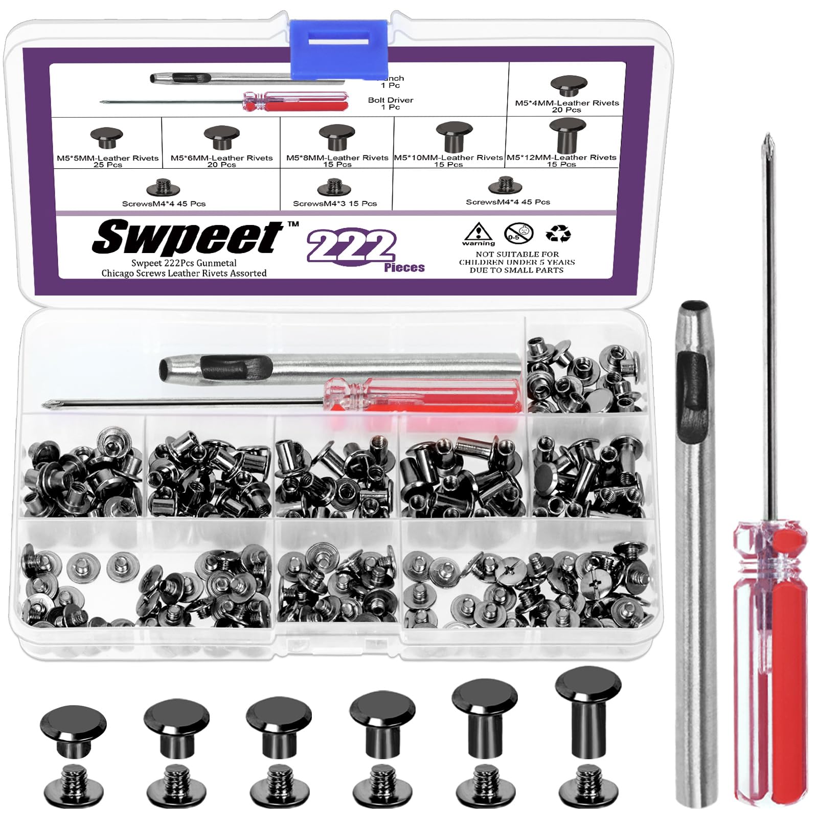 Swpeet 110 Set 6 Sizes M5 x 4mm/5mm/6mm/8mm/10mm/12mm Gun Color Leather Rivets Chicago Binding Screws with Install Tools Assortment Kit, Screw Rivets M5 Chicago Binding Screws for Repair Leather