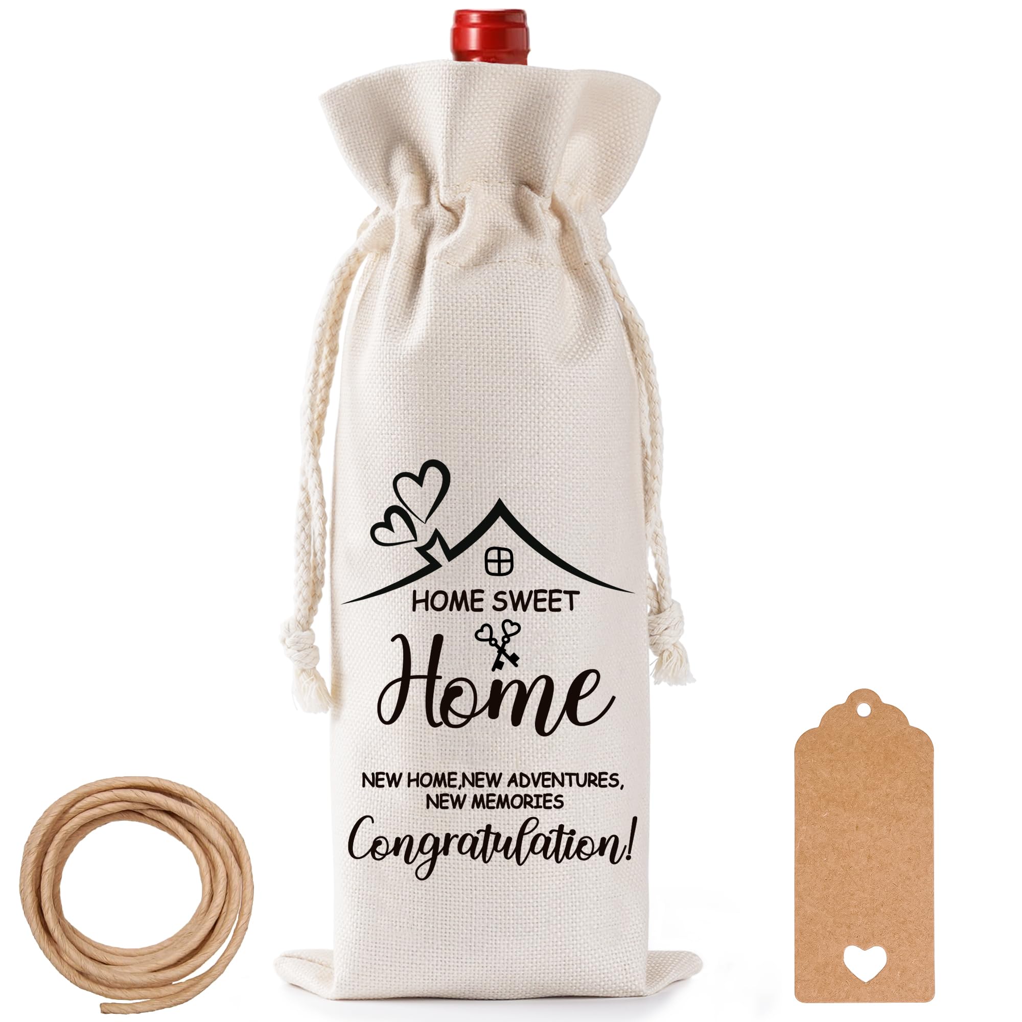 New Home Gifts Wine Bag - Funny Housewarming Wine Bottle Bag With Label for New House Gift Ideas, Reusable Jute Drawstring Wine Gift Bag for New Homeowner Men Women Couples Friend Family Neighbors