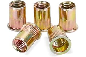 BOYIKSH Rivet Nut, 300 Pieces 1/4-20UNC Carbon Steel Flat Head Rivnut Threaded Insert Nut,Yellow Zinc Plating…