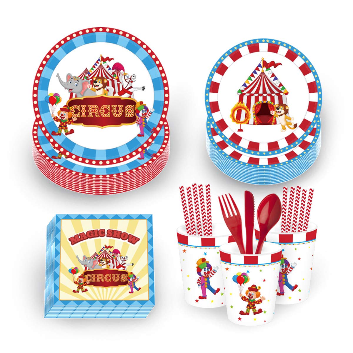 FAIRYRAIN Circus Carnival Theme Party Supplies Decorations Set ncluding 8 x 9 Plates, 8x 7 Plates, 8x9 Oz Cups, 20x Luncheon Napkins, 24 pcs Tableware Set, Paper straws Serves 8 Guest Set