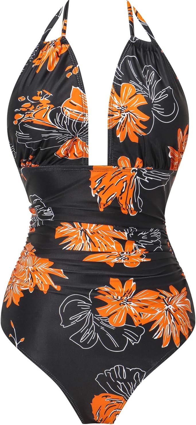 Womens One Piece Swimsuits Tummy Control Swimwear Backless Deep V Neck Halter Monokini Bathing Suits