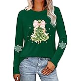 VQD Womens Christmas Long Sleeves Shirts Snowflakes Bow Christmas Tree Long Sleeve T-Shirt Sleigh Xmas Tops