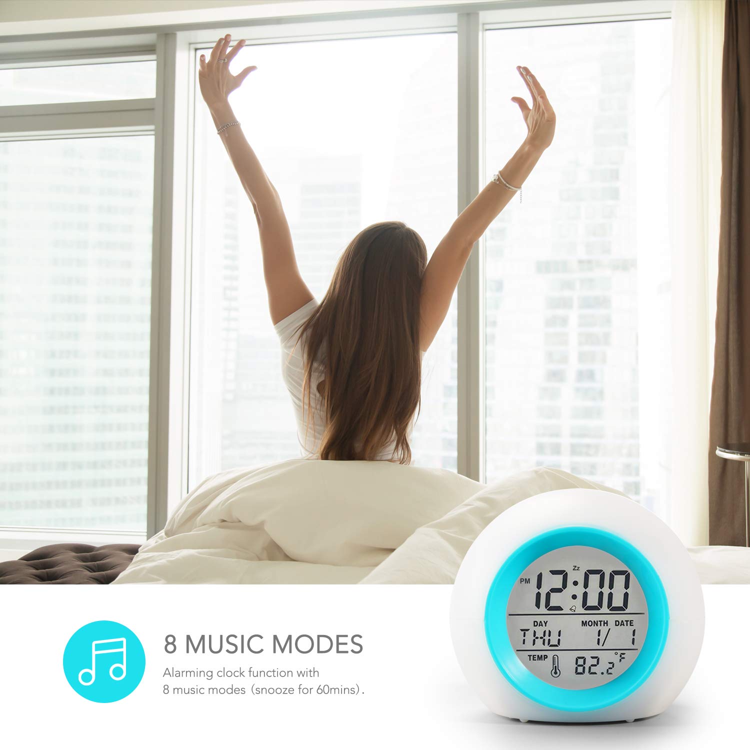 Syntrific Kids Alarm Clock 【2020 Version】，Digital Clock for Girls Boys Kids,7 Color Changing Light 8 Alarm Songs Clock with Indoor Temperature Touch Control Snooze for Bedroom,Bedside Desk Clock