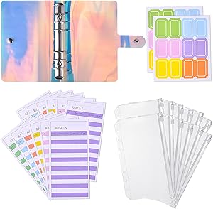 A6 PVC Notebook Binder Cover with 12PCS A6 Binder Pockets, 12PCS Expense Budget Sheets, 24PCS Colorful Sticker Labels, Waterproof 6-Ring Budget Binder Money Saving Cash Envelopes System - iridescent