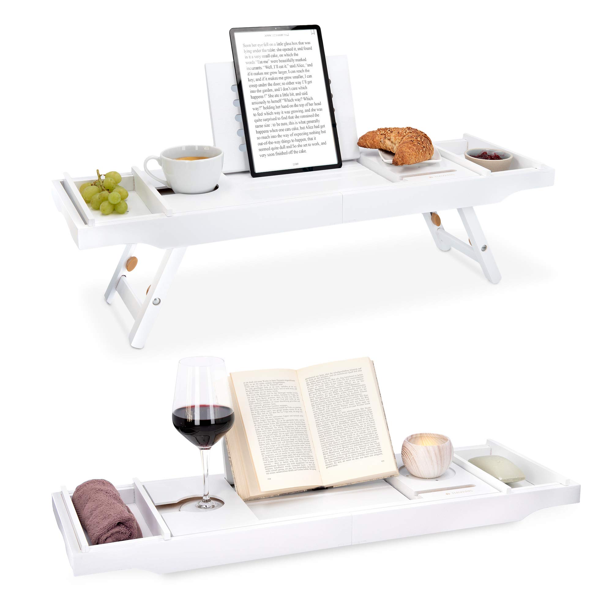 Navaris Bed and Bath Tray - Wooden Rack with Folding Legs - Bamboo Bathtub Caddy Bridge Shelf with Book or Tablet Stand - White