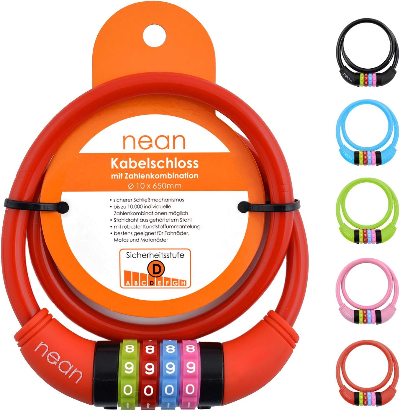 Nean children's-bicycle-cable-lock, number code combination lock in colourful design, 10 mm x 650 mm big