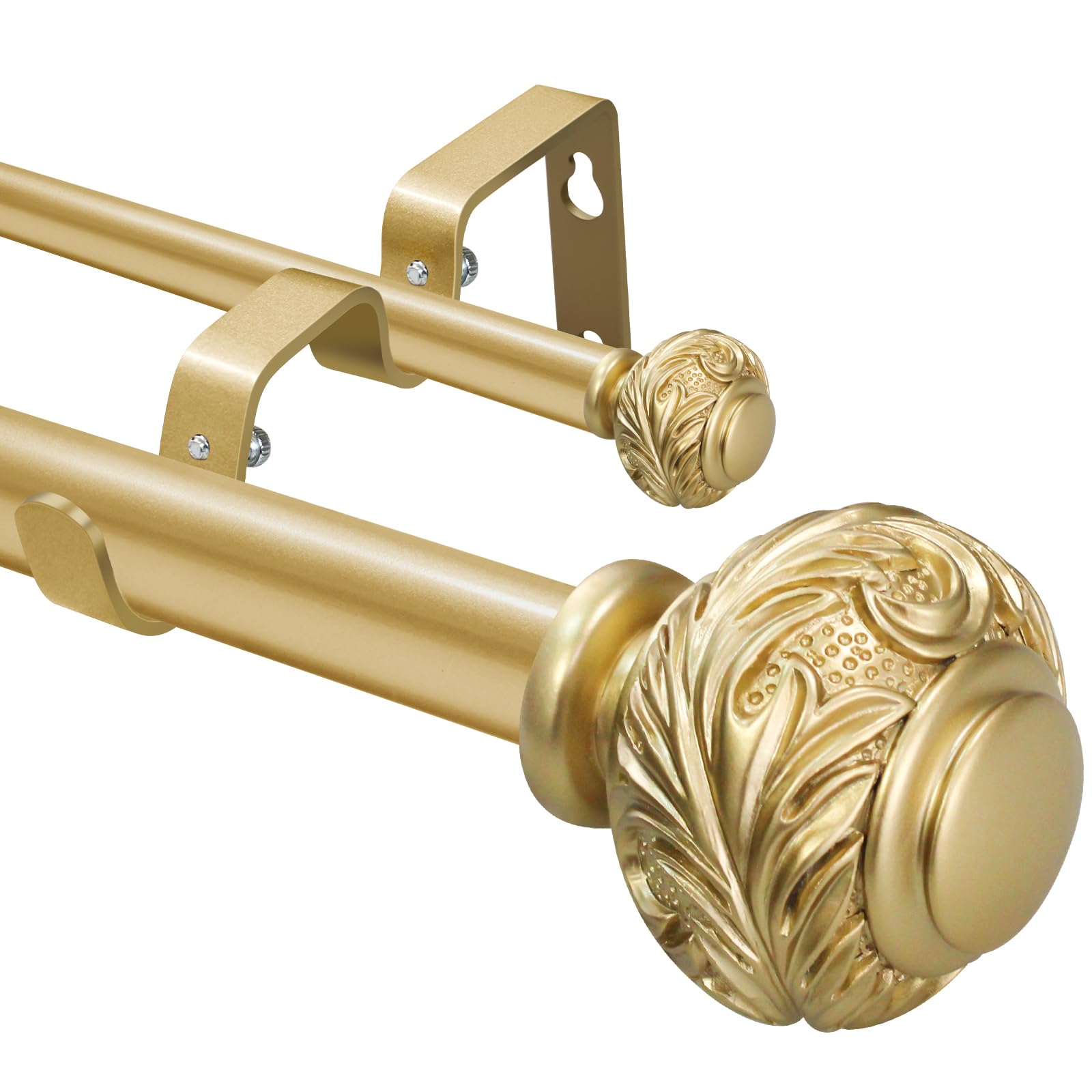 Photo 1 of 1 Inch Gold Double Curtain Rod with Modern Design Floral Carved Ball Finials-Tension Curtain Rods 48-84 Inchs for Bedroom&Home Decor