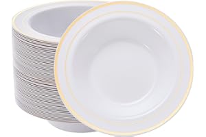 N9R 30PCS Disposable Plastic Bowls with Gold Rim, 12 oz Fancy White Plastic Bowls, Premium Dessert Salad Bowls Perfect for Party, Wedding and Everyday Use