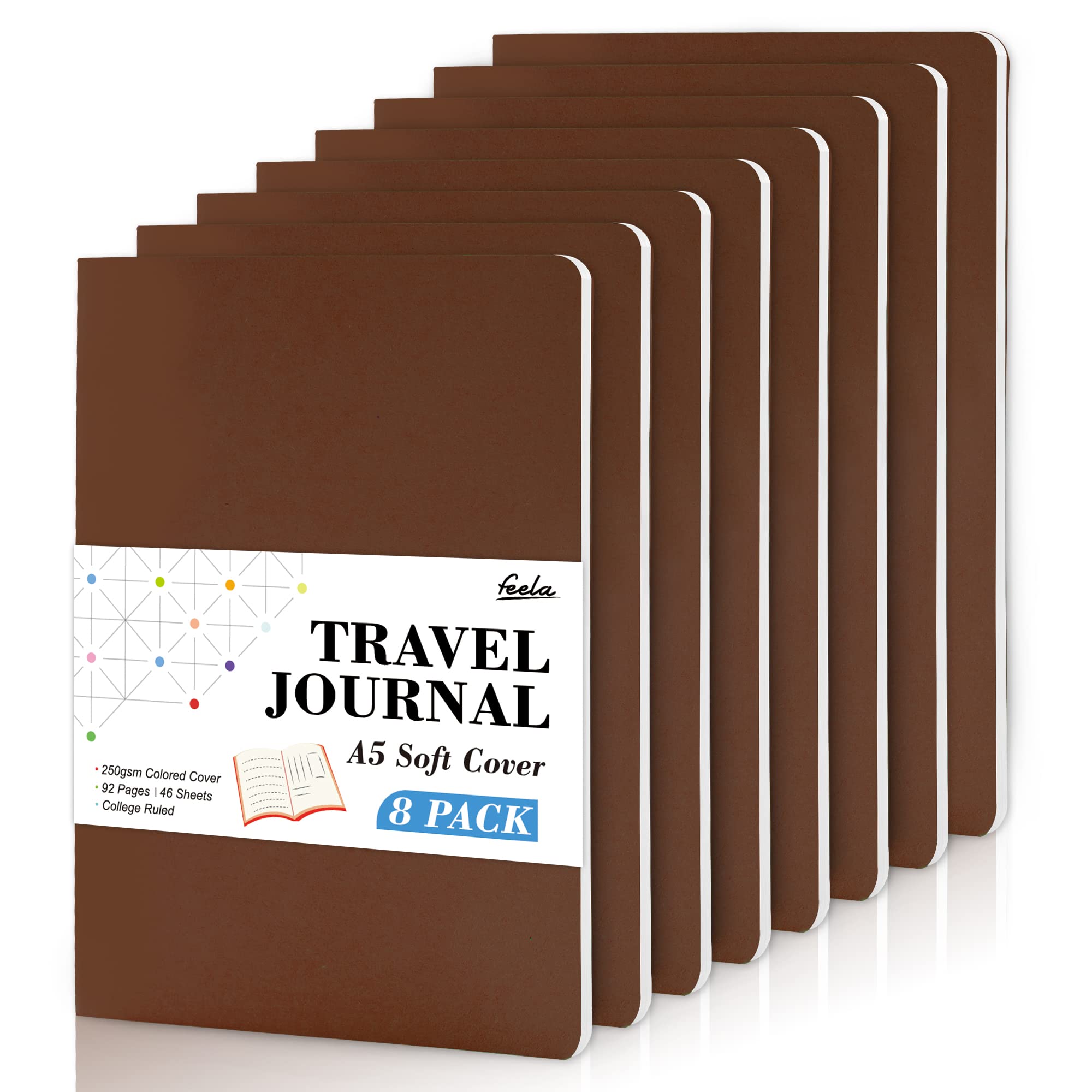 feela 8 Pack Soft Cover Notebooks A5 Lined Journal Notebooks College Ruled for Work, Lined Travel Journal for Women Men, Note Taking Study Notepad School Supplies Business Writing Note Books, Brown