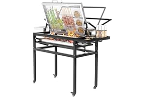 ZICHOUYING BBQ Charcoal Grill with Cart, Heavy Duty Square Outdoor Detachable Portable Grill, 360° Rotating Cooking Grid Stand-up Grills with Wheels for Camping Garden Commercial Barbeque