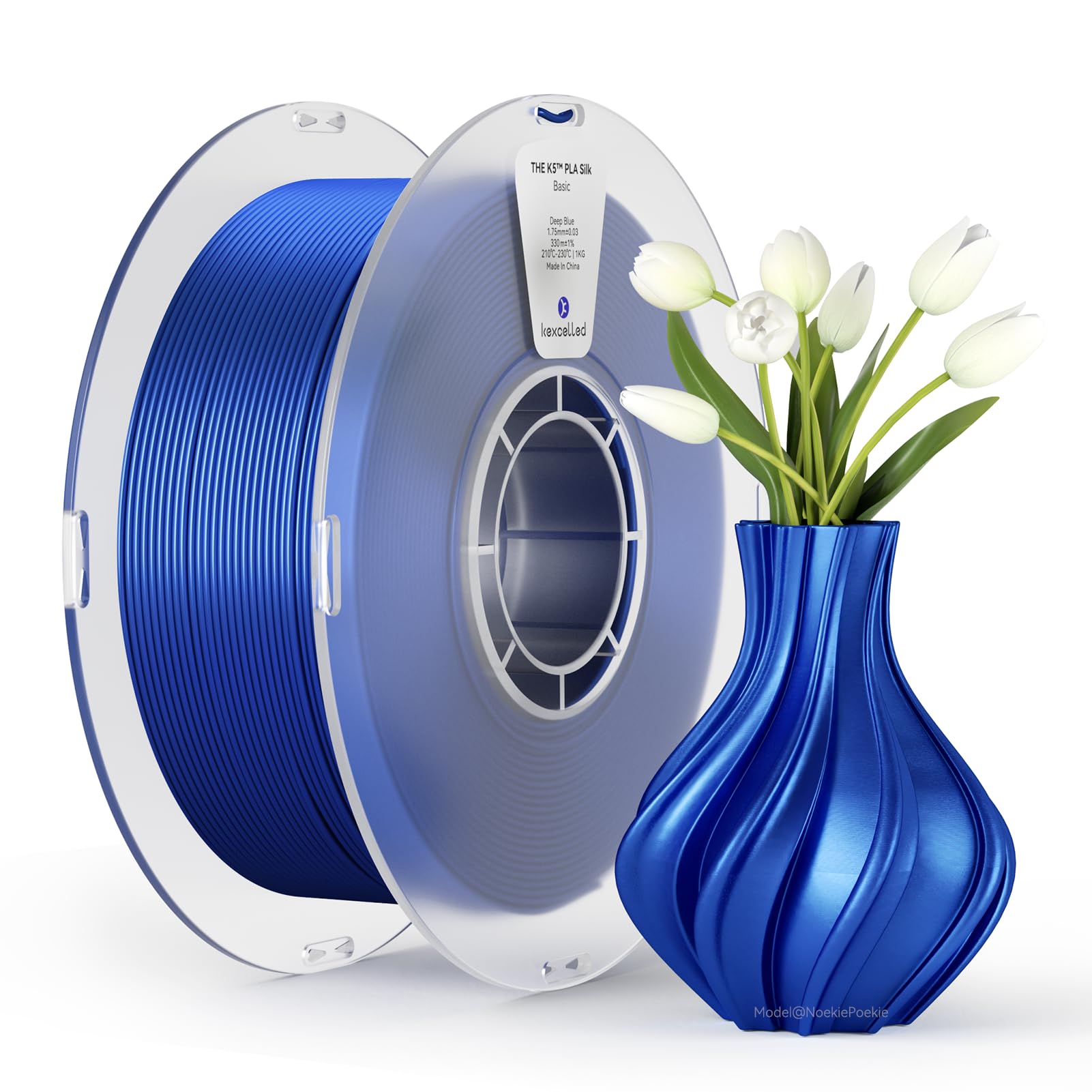 kexcelled Silk PLA Filament 1.75 mm +/- 0.03 mm, 3D Printer Filament, Shiny Glossy Surface, 1 kg Spool (2.2 lbs), for FDM Printer, Vacuum Packaging, Deep Blue